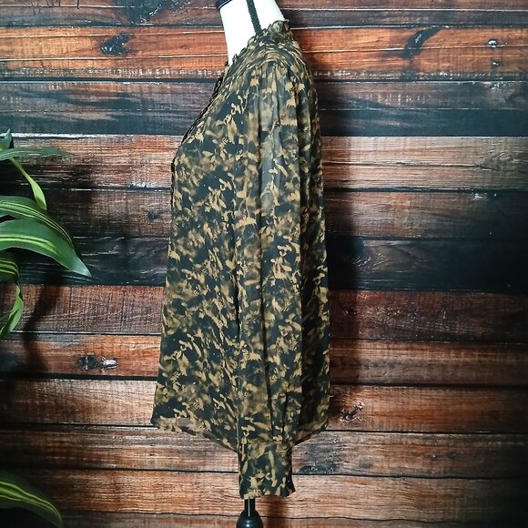 Calvin Klein Blouse Top XL Ruffle Front Sheer Sleeves Brown Black Button Up NEW - Picture 7 of 9